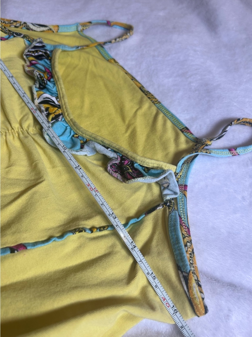 Y2K Ruffle detailing blue pattern 2000โs tank top cami yellow reworked vintage - Picture 5 of 8